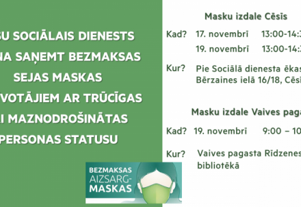 Izsniegs bezmaksas sejas maskas iedzīvotājiem ar trūcīgas vai maznodrošinātas personas statusu