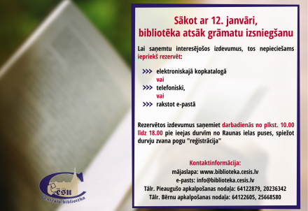 No 12. janvāra bibliotēka atsāks grāmatu izsniegšanu līdzņemšanai