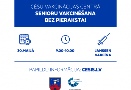 Svētdien Cēsīs senioru vakcinācija bez iepriekšēja pieraksta ar Janssen vakcīnu