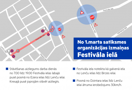 No 1.marta Festivāla ielā stāsies spēkā satiksmes ierobežojumi