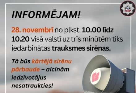 VUGD 28.novembrī veiks trauksmes sirēnu pārbaudi