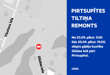 Uz laiku gājējiem slēgts tiltiņš Glūdas ielā