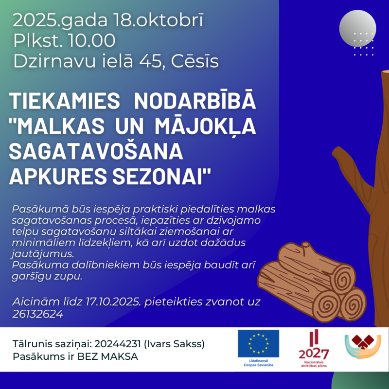 Cēsīs notiks nodarbība "Malkas un mājokļa sagatavošana apkures sezonai"