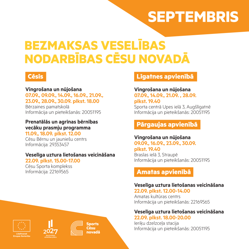 Bezmaksas veselības nodarbības Cēsu novadā