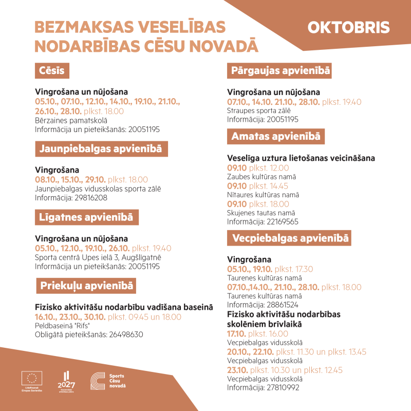 Bezmaksas veselības nodarbības Cēsu novadā