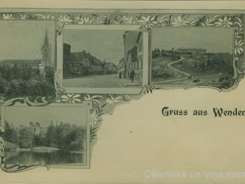 Pastkarte ar 4 attēliem: Cēsu Sv. Jāņa baznīca, Rīgas iela, Bērzaines ģimnāzija, Pils parks 20. gs. sākumā