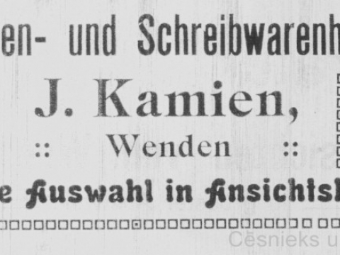 J. Kamīna reklāma 1912. gadā izdotajā E. Ķivuļa ceļvedī "Fuehrer durch Wenden und seine Umgebung."