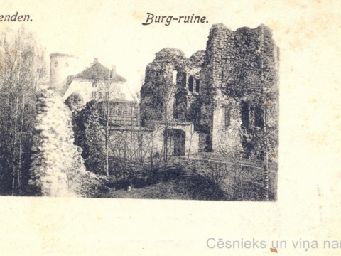 L. Borevica izdota pastkarte - skats uz Cēsu pils drupām un Jauno pili. Pastkartes kreisajā malā norādīts iespiedējs un izdevējs L. Borevics un adrese - pie Sv. Jāņa baznīcas; CM 63284