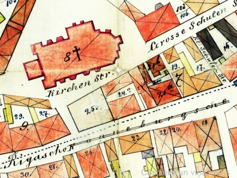 Cēsu plāns 1879/1895. gads, fragments ar gruntsgabaliem 21b un 24b ar vēlākajām adresēm L. Skolas ielā 5 un Rīgas ielā 14 - 6828. fonds, 2.apraksts, 795. lieta