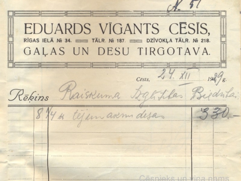 E. Vīganta gaļas un desu tirgotavas rēķins Raiskuma Izglītības biedrībai par nopirktajām tējas un aknu desām, 1929.g. 24. decembrī; CM 30782