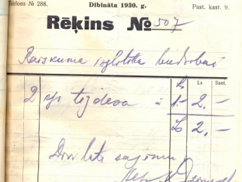 Rēķins, ko izdevis J. Dzirnekļa veikals 1933.g. 30. decembrī