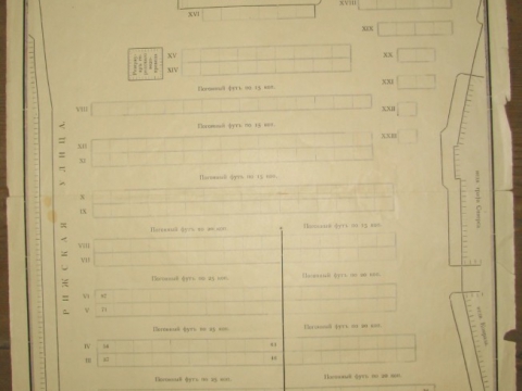 Cēsu Tirgus laukuma plāns ap 1910. - 1914. gadu, izdevis J. Rupais. Tajā atzīmēti arī ap tirgus laukumu esošie īpašumi: Ansberga, Zīversa, pilsētas un biedrības "Harmonija" nami. - CM 6610