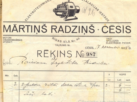 M. Radziņa veikala rēķins Raiskuma Izglītības biedrībai par nopirkatajām spuldzēm 1928.g. 17. novembrī; CM 30793