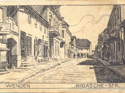 Cēsis, Rīgas iela ap 1918. gadu, nezināma autora zīmējums