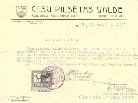 Cēsu pilsētas valdes izdota apliecība fotogrāfam G. Matīsam, 1939.g. 26. maijā; CM 115430